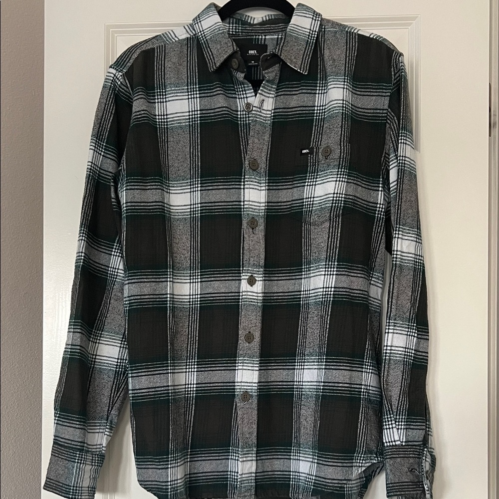 Obey Men's Green and White Plaid Shirt